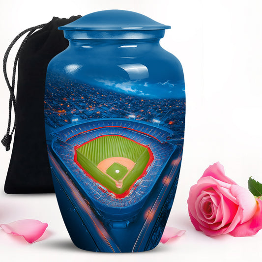 Indigo Baseball Cremation Urn angled view of lid and engraved motif - classic sculpted baseball pattern on smooth aluminum - full-size 10 inch 200 cubic inch adult cremation urn