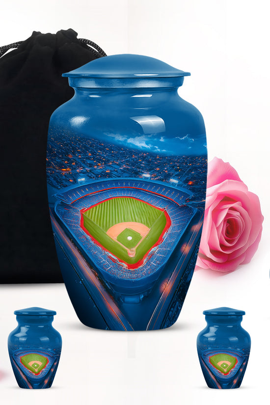 Twilight Blue Baseball Cremation Urn top-down view of secure threaded lid - traditional baseball engraving with hand-polished finish - memorial set with one large and four small urns