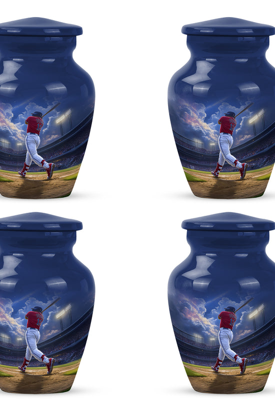 Soft Blue Baseball Cremation Urn side profile showing urn shape - traditional baseball engraving with hand-polished finish - 10 inch aluminum urn for cremated remains