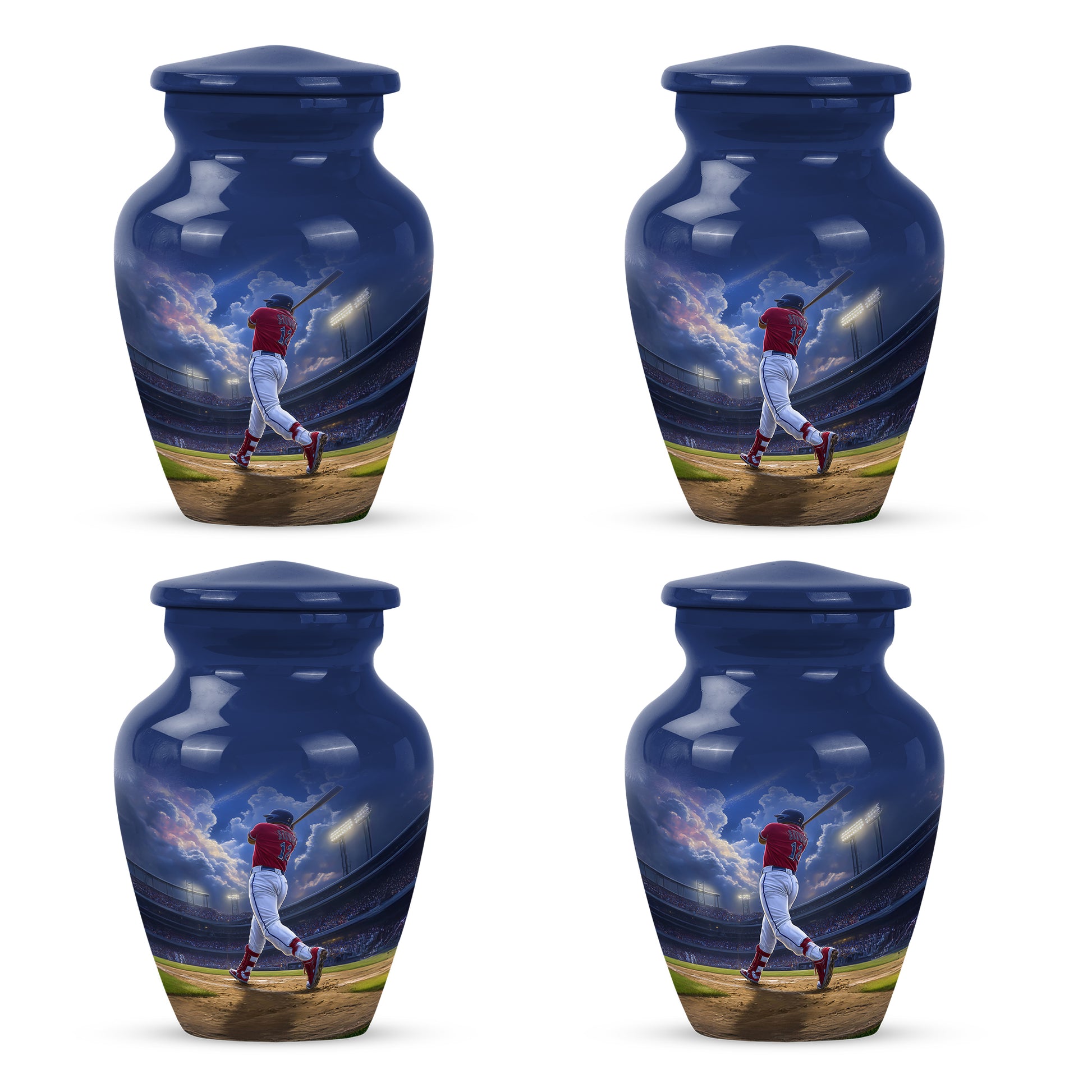 Soft Blue Baseball Cremation Urn side profile showing urn shape - traditional baseball engraving with hand-polished finish - 10 inch aluminum urn for cremated remains