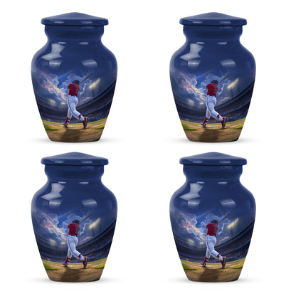Soft Blue Baseball Cremation Urn side profile showing urn shape - traditional baseball engraving with hand-polished finish - 10 inch aluminum urn for cremated remains