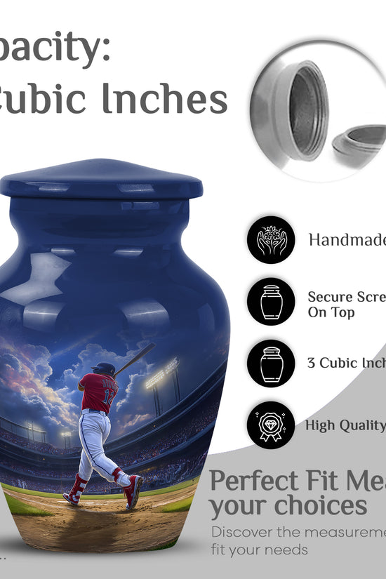Serene Blue Baseball Cremation Urn close-up of engraving and surface detail - elegant classic baseball relief with fine detailing - mini keepsake memorial for portion of cremation ashes