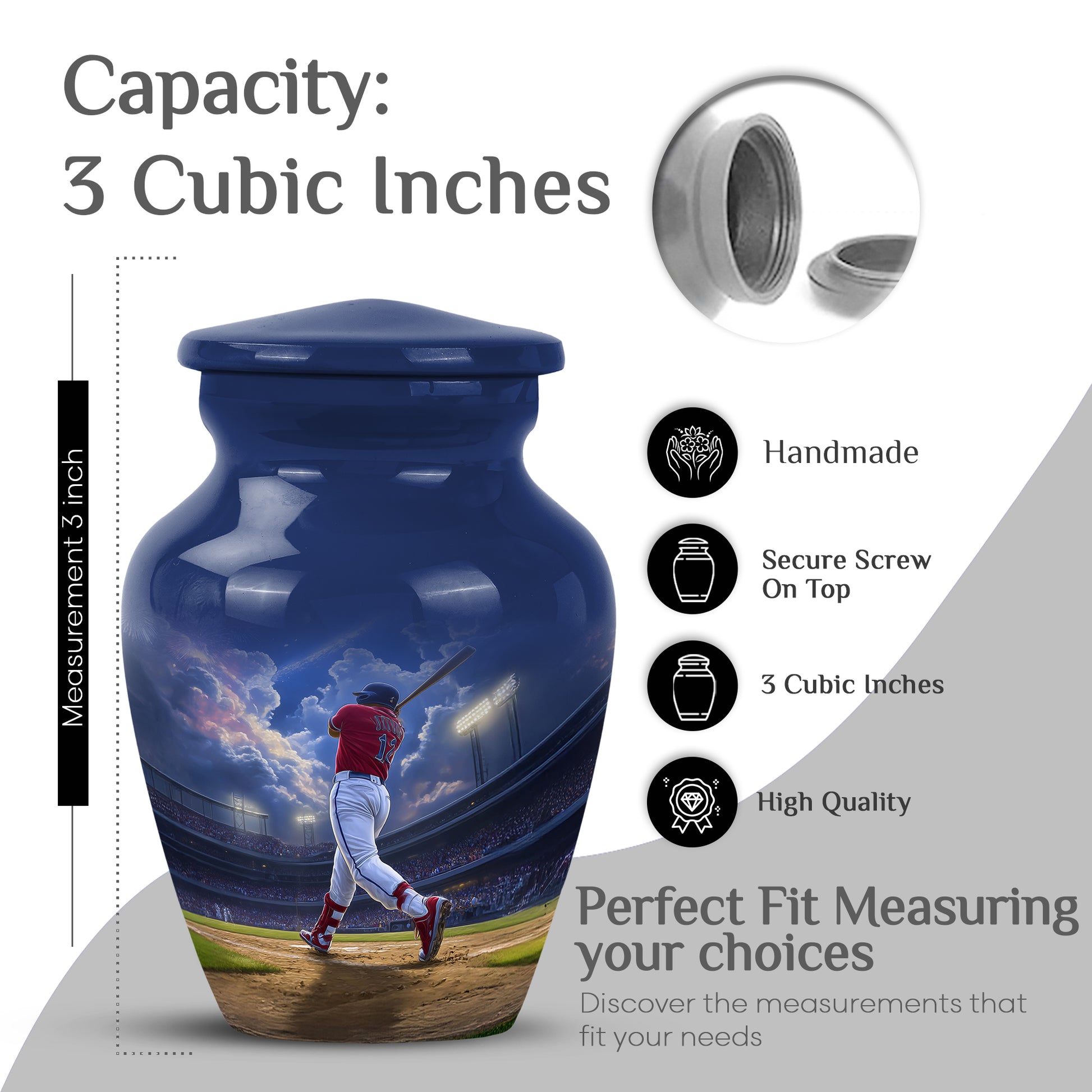 Serene Blue Baseball Cremation Urn close-up of engraving and surface detail - elegant classic baseball relief with fine detailing - mini keepsake memorial for portion of cremation ashes
