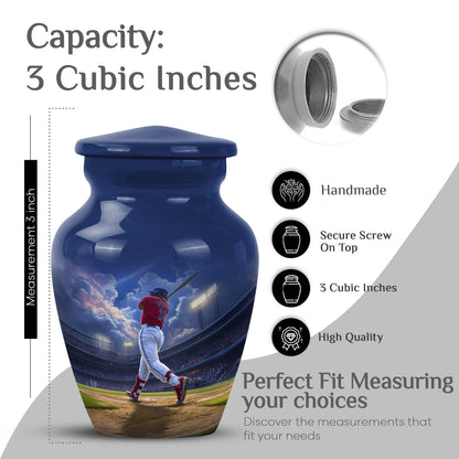 Serene Blue Baseball Cremation Urn close-up of engraving and surface detail - elegant classic baseball relief with fine detailing - mini keepsake memorial for portion of cremation ashes