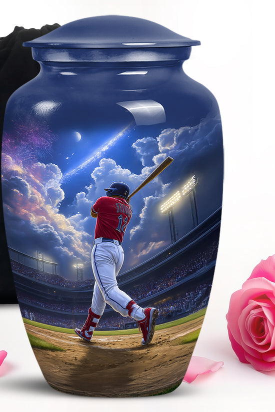 Pastel Blue Baseball Cremation Urn angled view of lid and engraved motif - timeless baseball motif etched into premium metal - full-size 10 inch 200 cubic inch adult cremation urn