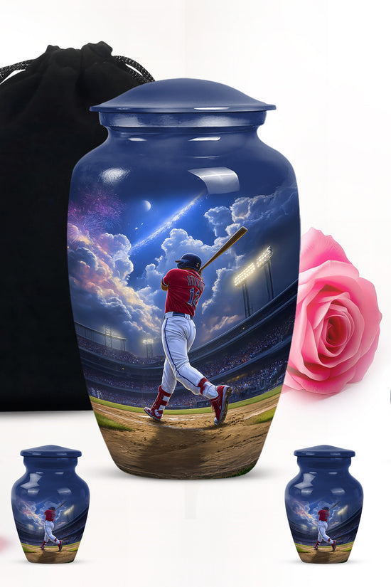 Calming Blue Baseball Cremation Urn top-down view of secure threaded lid - elegant classic baseball relief with fine detailing - memorial set with one large and four small urns
