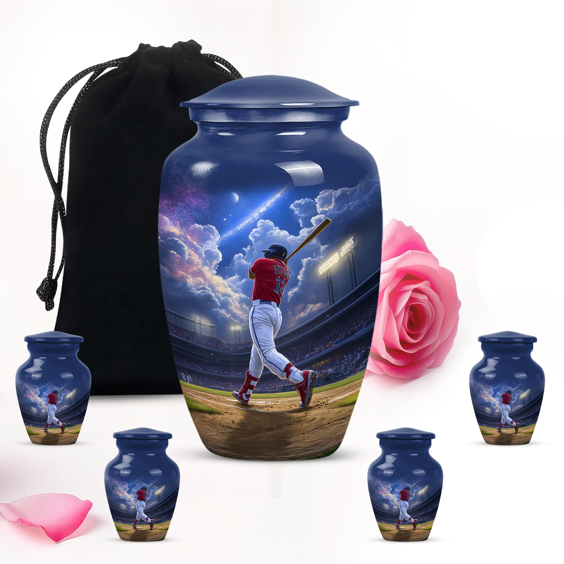 Calming Blue Baseball Cremation Urn top-down view of secure threaded lid - elegant classic baseball relief with fine detailing - memorial set with one large and four small urns
