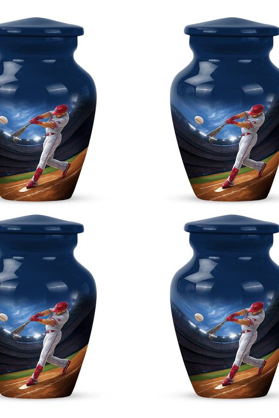 Navy Blue Baseball Cremation Urn side profile showing urn shape - classic sculpted baseball pattern on smooth aluminum - 10 inch aluminum urn for cremated remains