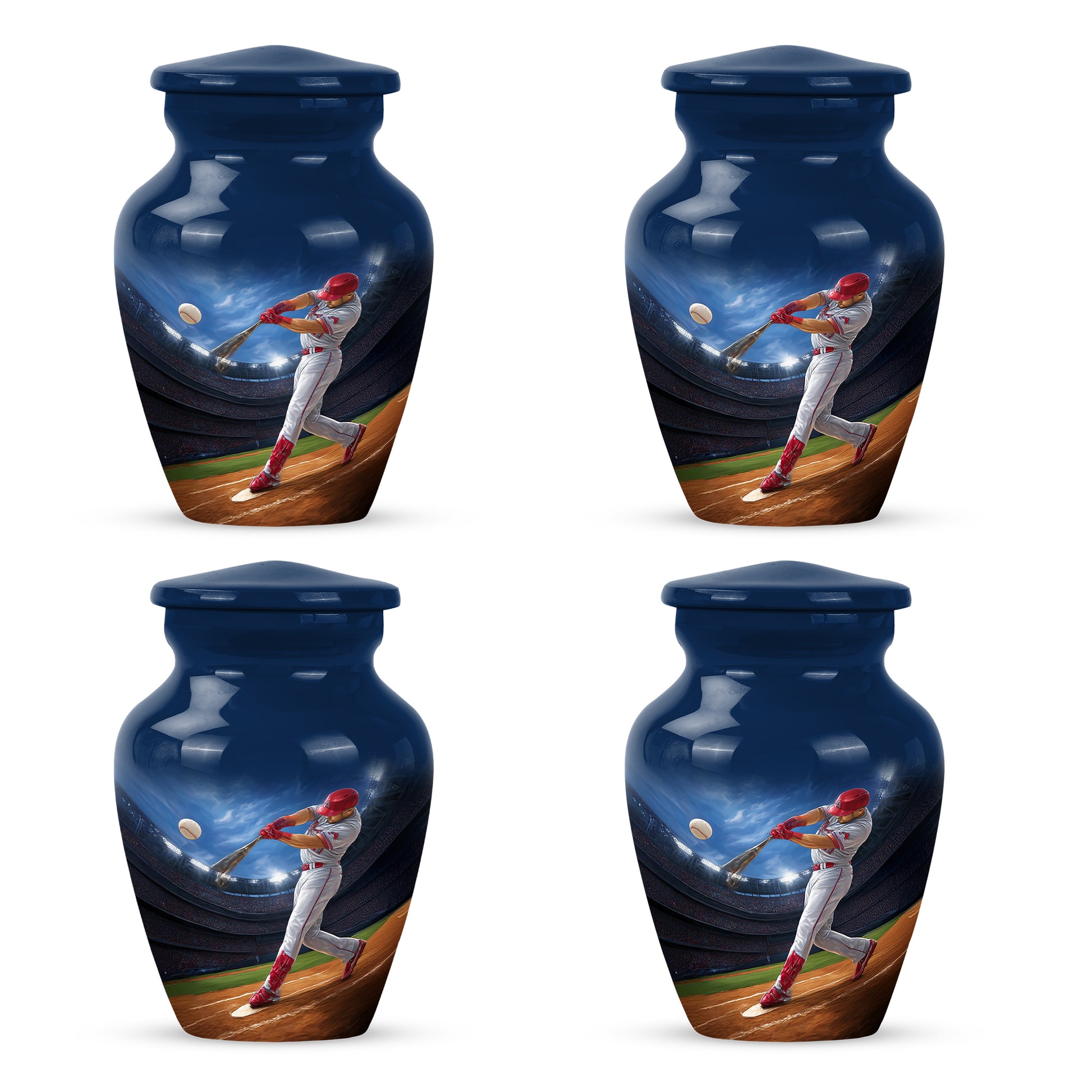 Navy Blue Baseball Cremation Urn side profile showing urn shape - classic sculpted baseball pattern on smooth aluminum - 10 inch aluminum urn for cremated remains