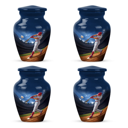 Navy Blue Baseball Cremation Urn side profile showing urn shape - classic sculpted baseball pattern on smooth aluminum - 10 inch aluminum urn for cremated remains