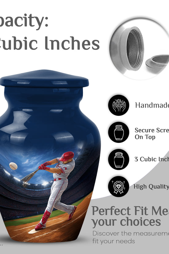 Royal Blue Baseball Cremation Urn close-up of engraving and surface detail - traditional baseball engraving with hand-polished finish - mini keepsake memorial for portion of cremation ashes