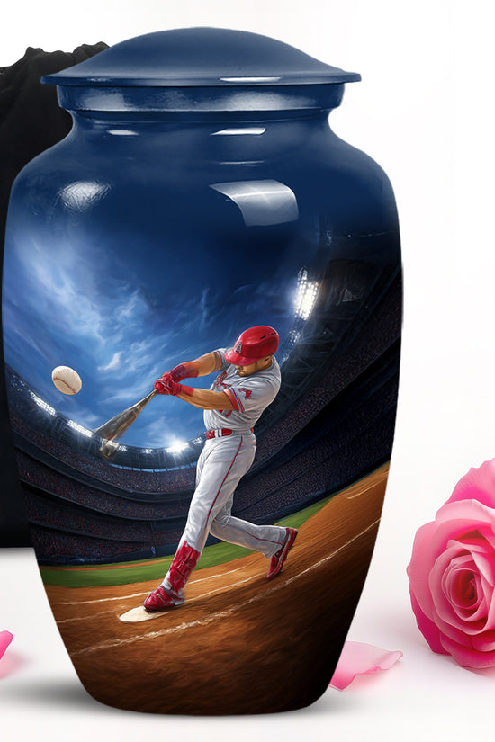 Sky Blue Baseball Cremation Urn angled view of lid and engraved motif - classic sculpted baseball pattern on smooth aluminum - full-size 10 inch 200 cubic inch adult cremation urn