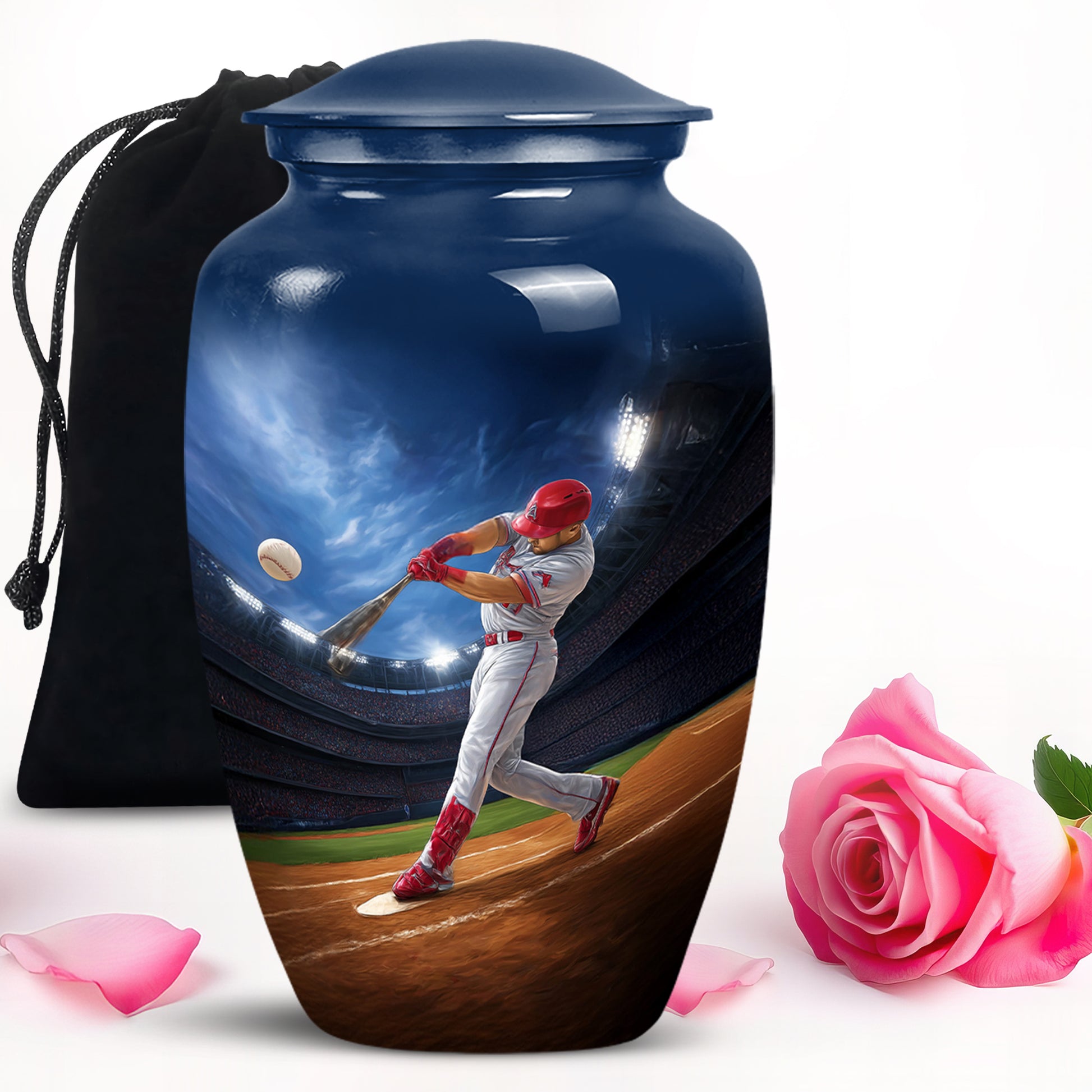 Sky Blue Baseball Cremation Urn angled view of lid and engraved motif - classic sculpted baseball pattern on smooth aluminum - full-size 10 inch 200 cubic inch adult cremation urn