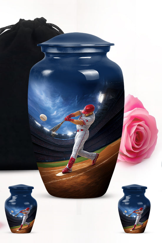 Serene Blue Baseball Cremation Urn top-down view of secure threaded lid - elegant classic baseball relief with fine detailing - memorial set with one large and four small urns