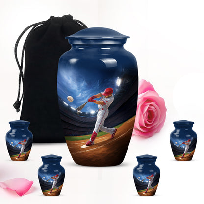 Serene Blue Baseball Cremation Urn top-down view of secure threaded lid - elegant classic baseball relief with fine detailing - memorial set with one large and four small urns