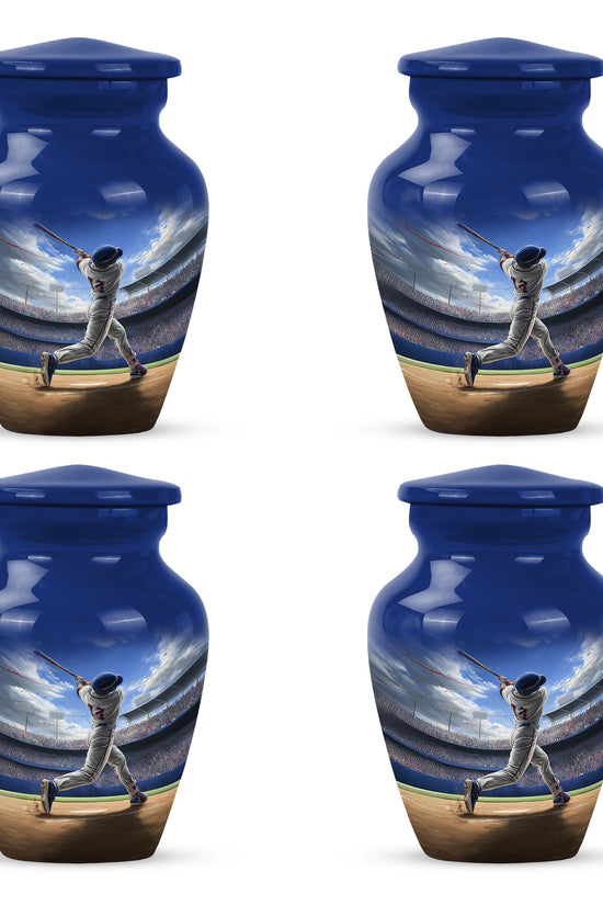 Royal Blue Baseball Cremation Urn side profile showing urn shape - elegant classic baseball relief with fine detailing - 10 inch aluminum urn for cremated remains