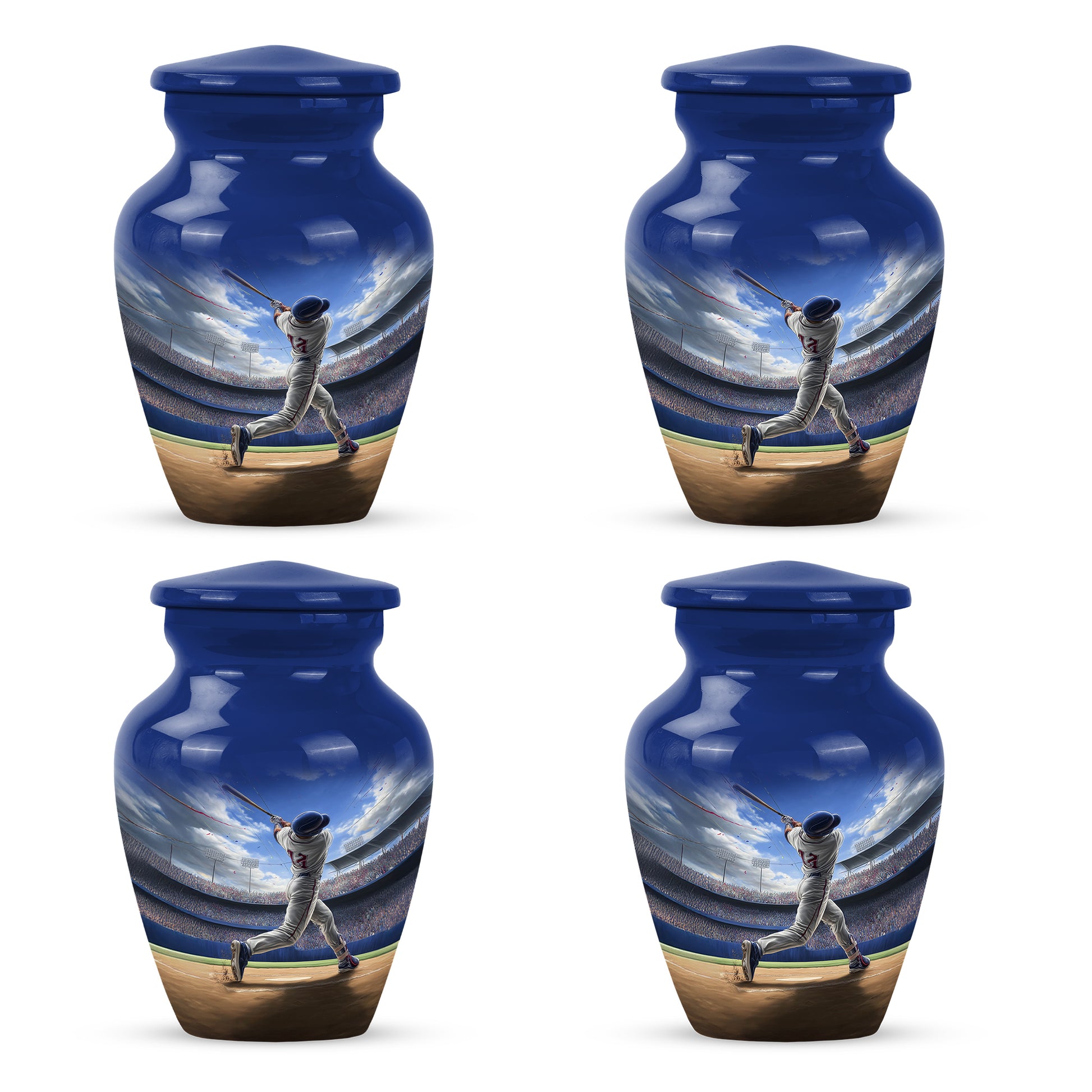 Royal Blue Baseball Cremation Urn side profile showing urn shape - elegant classic baseball relief with fine detailing - 10 inch aluminum urn for cremated remains