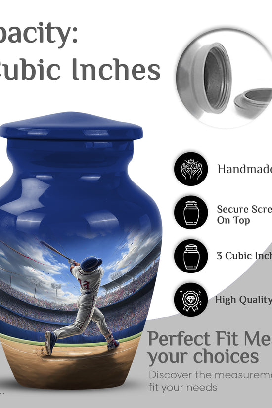 Royal Blue Baseball Cremation Urn close-up of engraving and surface detail - traditional baseball engraving with hand-polished finish - mini keepsake memorial for portion of cremation ashes