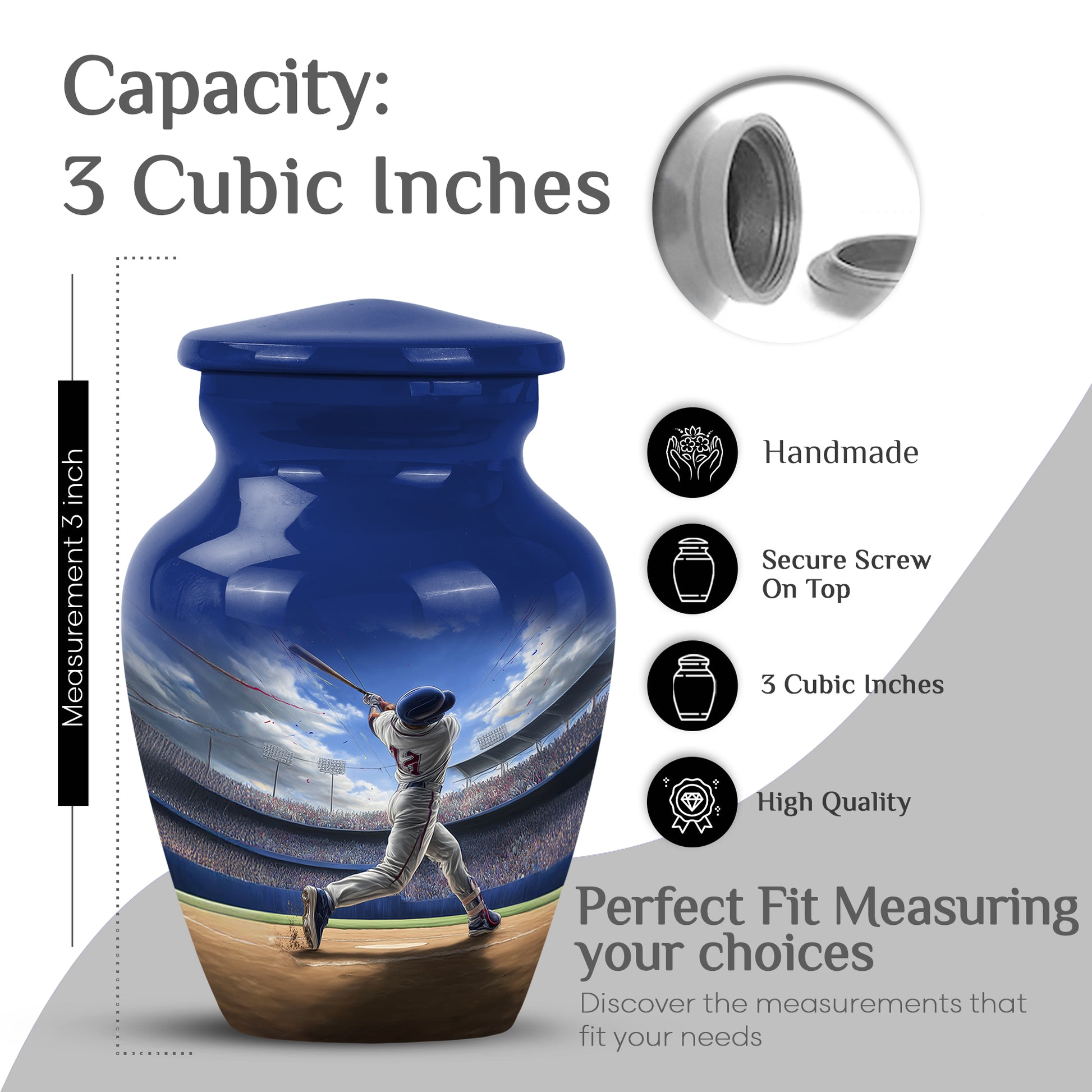 Royal Blue Baseball Cremation Urn close-up of engraving and surface detail - traditional baseball engraving with hand-polished finish - mini keepsake memorial for portion of cremation ashes