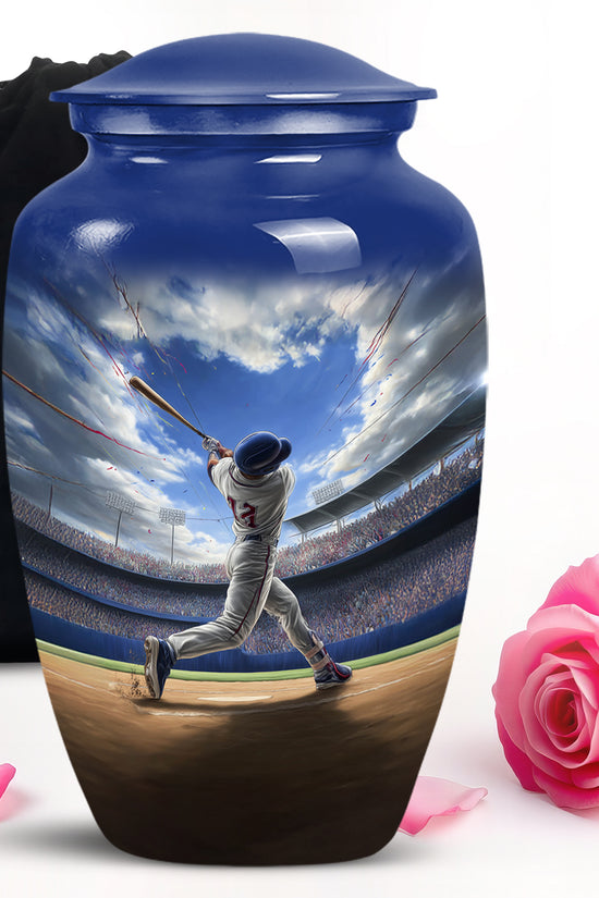 Misty Blue Baseball Cremation Urn angled view of lid and engraved motif - timeless baseball motif etched into premium metal - full-size 10 inch 200 cubic inch adult cremation urn