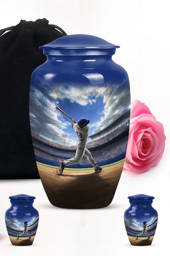 Pastel Blue Baseball Cremation Urn top-down view of secure threaded lid - timeless baseball motif etched into premium metal - memorial set with one large and four small urns