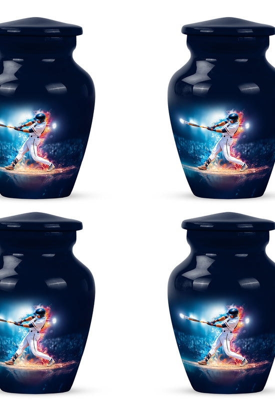 Indigo Baseball Cremation Urn side profile showing urn shape - classic sculpted baseball pattern on smooth aluminum - 10 inch aluminum urn for cremated remains