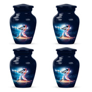 Indigo Baseball Cremation Urn side profile showing urn shape - classic sculpted baseball pattern on smooth aluminum - 10 inch aluminum urn for cremated remains