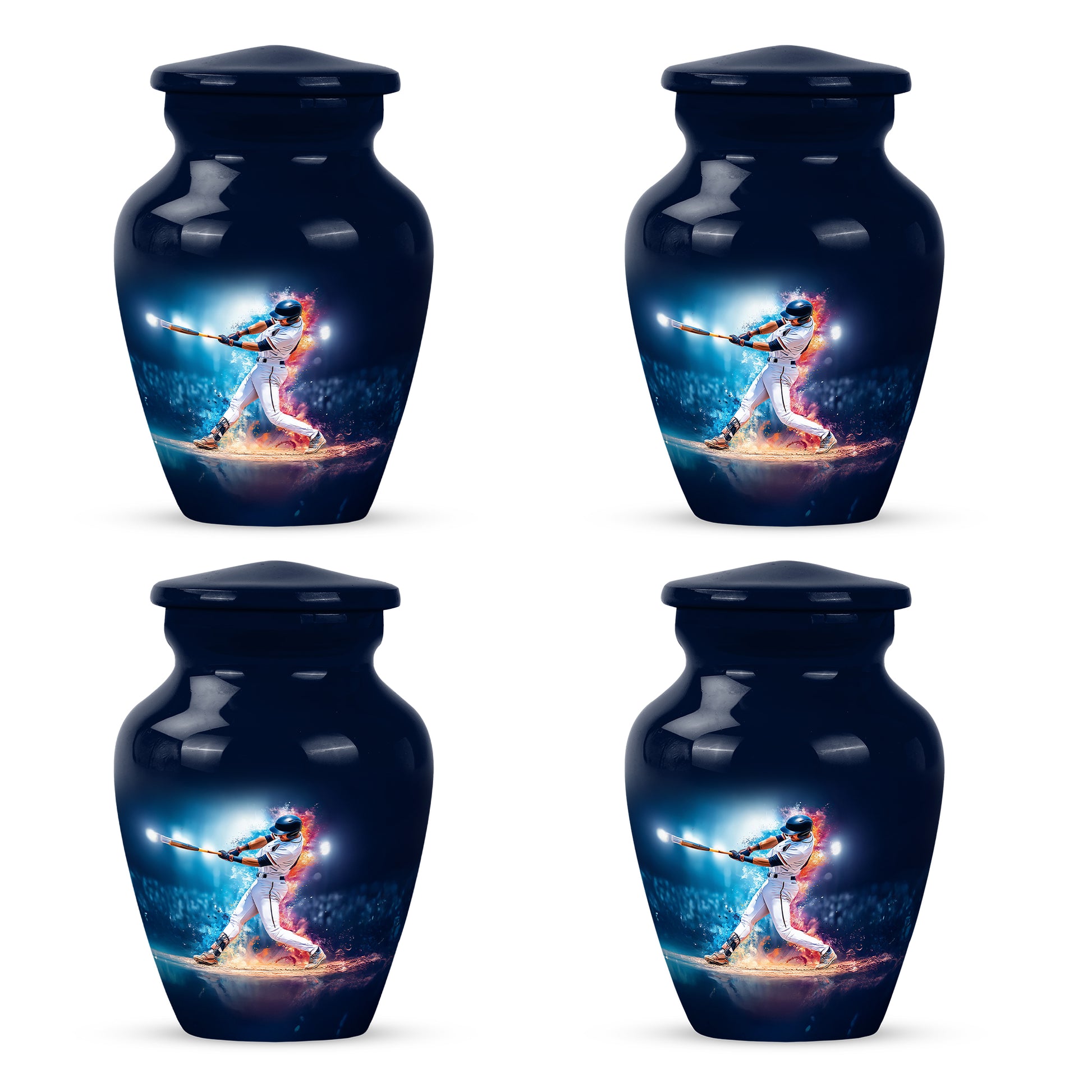 Indigo Baseball Cremation Urn side profile showing urn shape - classic sculpted baseball pattern on smooth aluminum - 10 inch aluminum urn for cremated remains