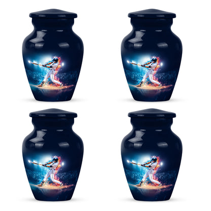 Indigo Baseball Cremation Urn side profile showing urn shape - classic sculpted baseball pattern on smooth aluminum - 10 inch aluminum urn for cremated remains