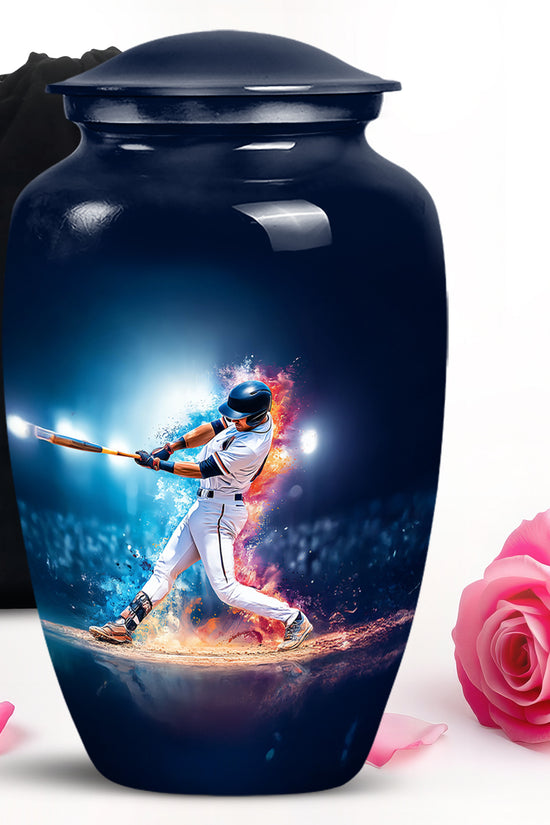 Royal Blue Baseball Cremation Urn angled view of lid and engraved motif - traditional baseball engraving with hand-polished finish - full-size 10 inch 200 cubic inch adult cremation urn