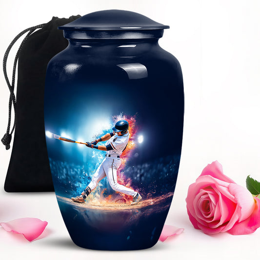 Royal Blue Baseball Cremation Urn angled view of lid and engraved motif - traditional baseball engraving with hand-polished finish - full-size 10 inch 200 cubic inch adult cremation urn