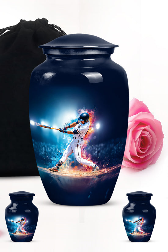 Soft Blue Baseball Cremation Urn top-down view of secure threaded lid - elegant classic baseball relief with fine detailing - memorial set with one large and four small urns