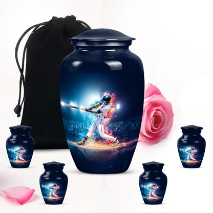 Soft Blue Baseball Cremation Urn top-down view of secure threaded lid - elegant classic baseball relief with fine detailing - memorial set with one large and four small urns