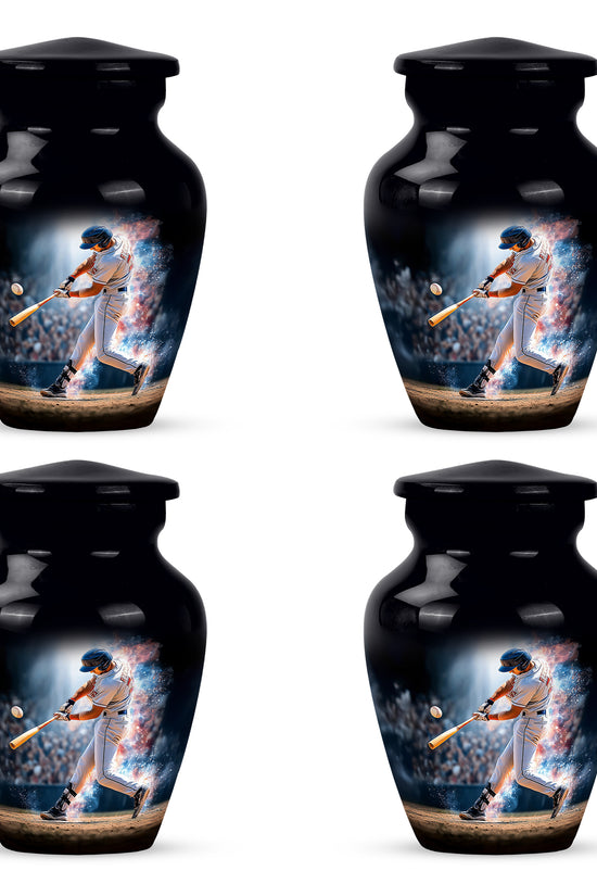 Rich Black Baseball Cremation Urn side profile showing urn shape - timeless baseball motif etched into premium metal - 10 inch aluminum urn for cremated remains