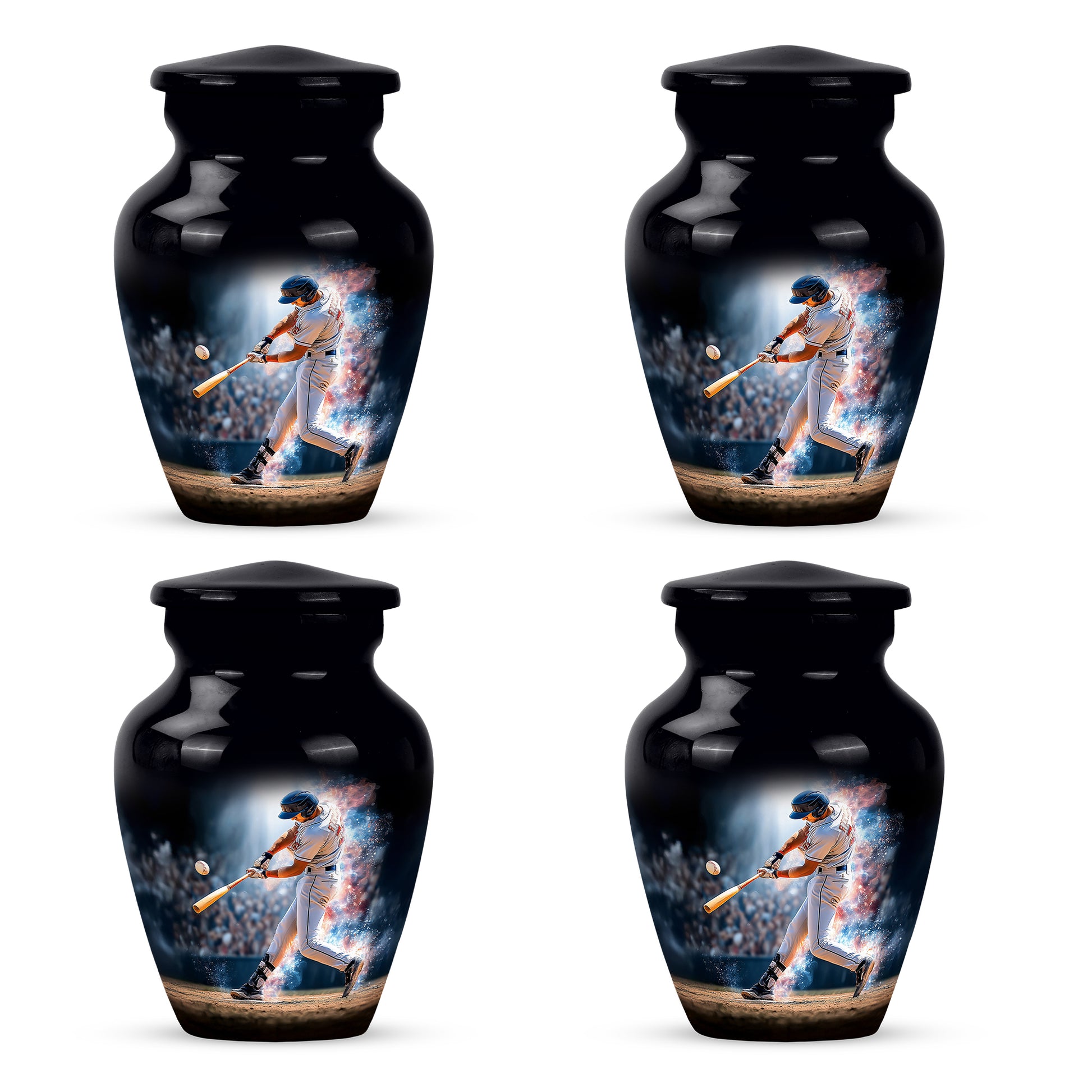 Rich Black Baseball Cremation Urn side profile showing urn shape - timeless baseball motif etched into premium metal - 10 inch aluminum urn for cremated remains