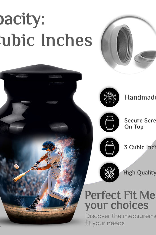 Glossy Black Baseball Cremation Urn close-up of engraving and surface detail - classic sculpted baseball pattern on smooth aluminum - mini keepsake memorial for portion of cremation ashes
