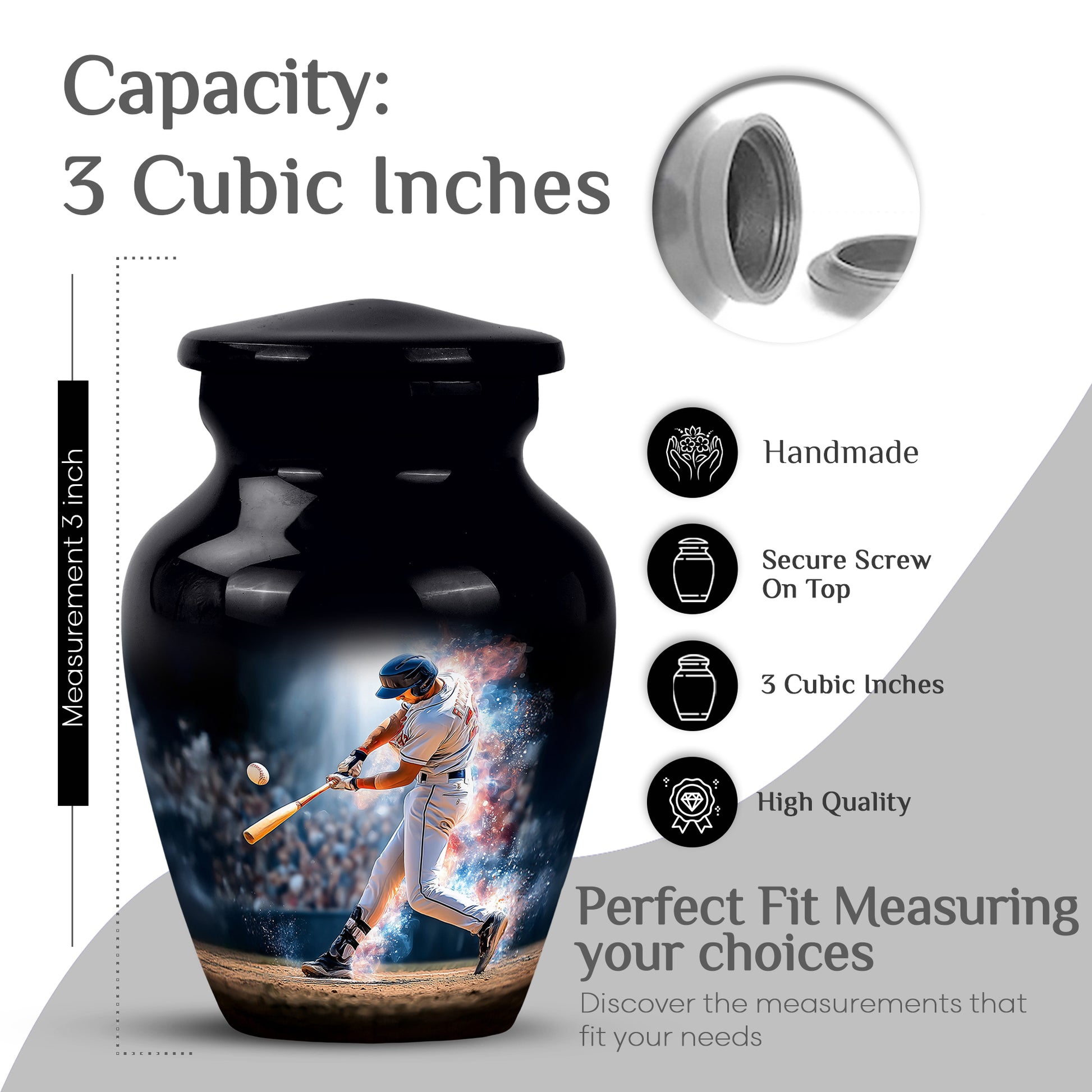 Glossy Black Baseball Cremation Urn close-up of engraving and surface detail - classic sculpted baseball pattern on smooth aluminum - mini keepsake memorial for portion of cremation ashes