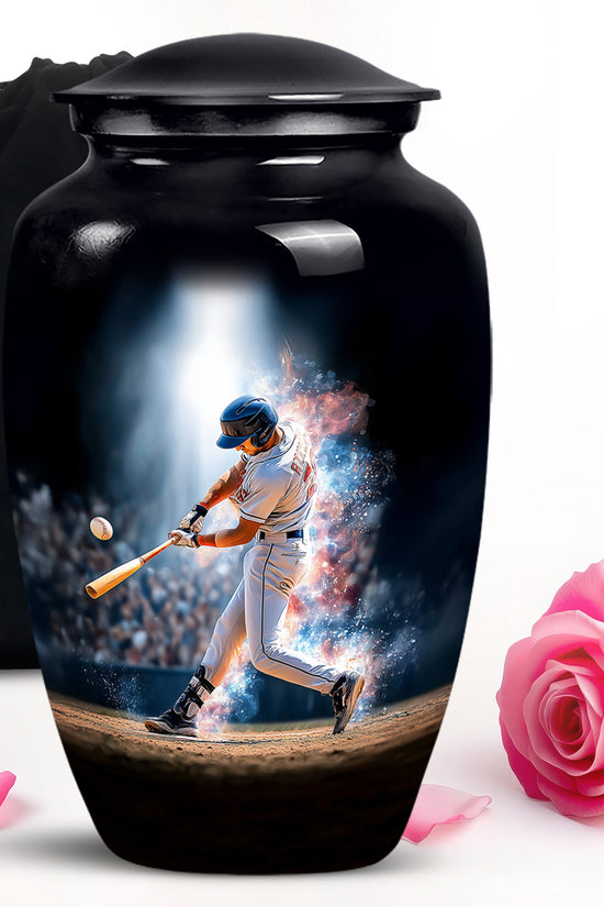 Ebony Baseball Cremation Urn angled view of lid and engraved motif - classic sculpted baseball pattern on smooth aluminum - full-size 10 inch 200 cubic inch adult cremation urn