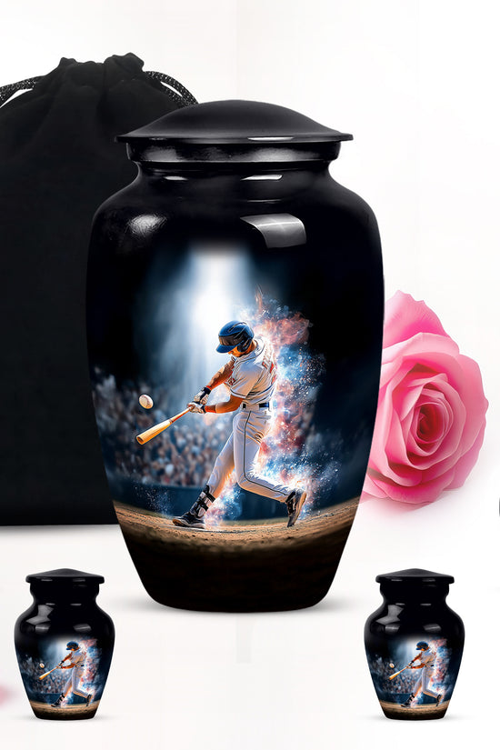 Ebony Baseball Cremation Urn top-down view of secure threaded lid - timeless baseball motif etched into premium metal - memorial set with one large and four small urns