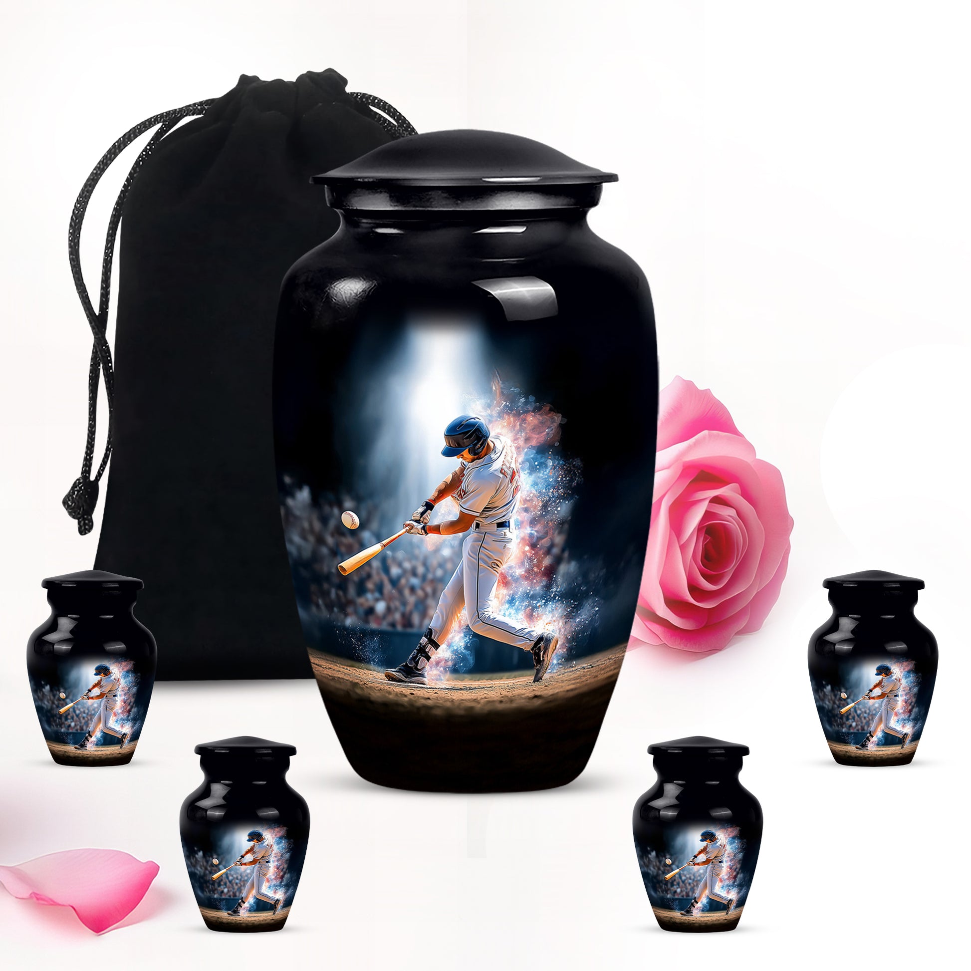 Ebony Baseball Cremation Urn top-down view of secure threaded lid - timeless baseball motif etched into premium metal - memorial set with one large and four small urns
