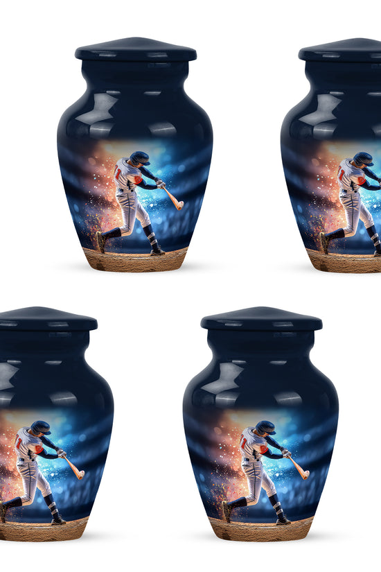 Dusty Blue Baseball Cremation Urn side profile showing urn shape - timeless baseball motif etched into premium metal - 10 inch aluminum urn for cremated remains