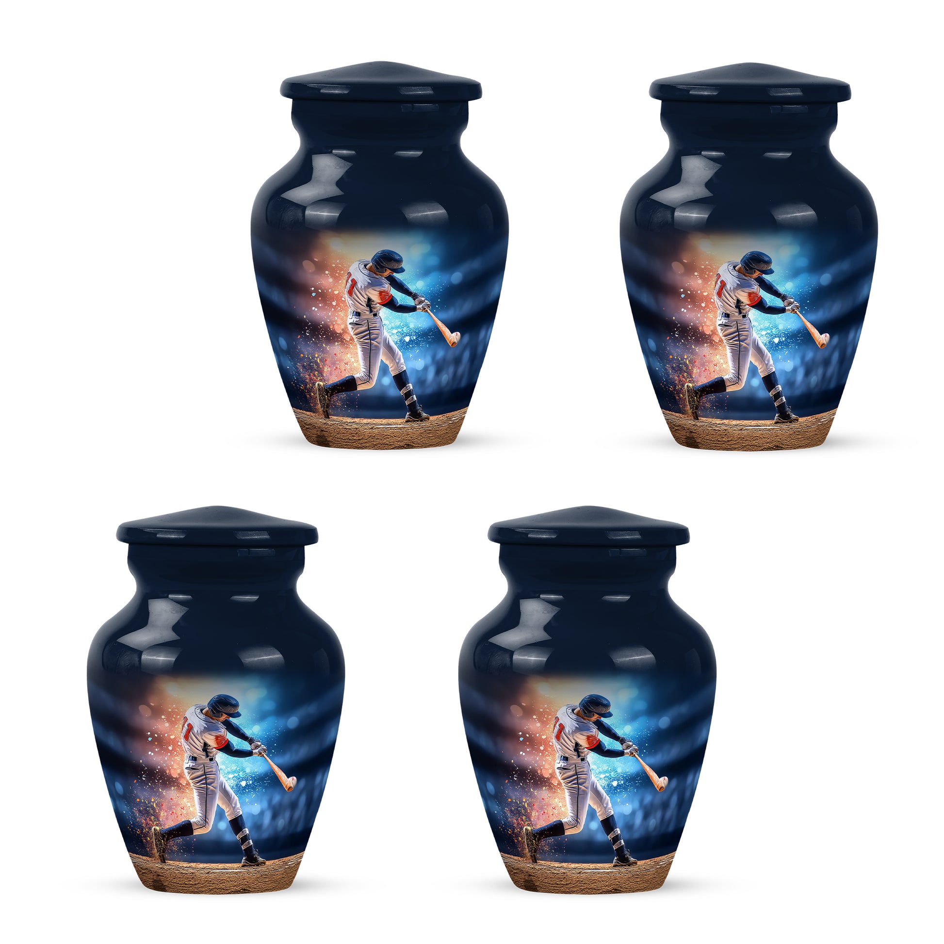 Dusty Blue Baseball Cremation Urn side profile showing urn shape - timeless baseball motif etched into premium metal - 10 inch aluminum urn for cremated remains