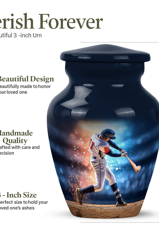 Serene Blue Baseball Cremation Urn close-up of engraving and surface detail - traditional baseball engraving with hand-polished finish - mini keepsake memorial for portion of cremation ashes
