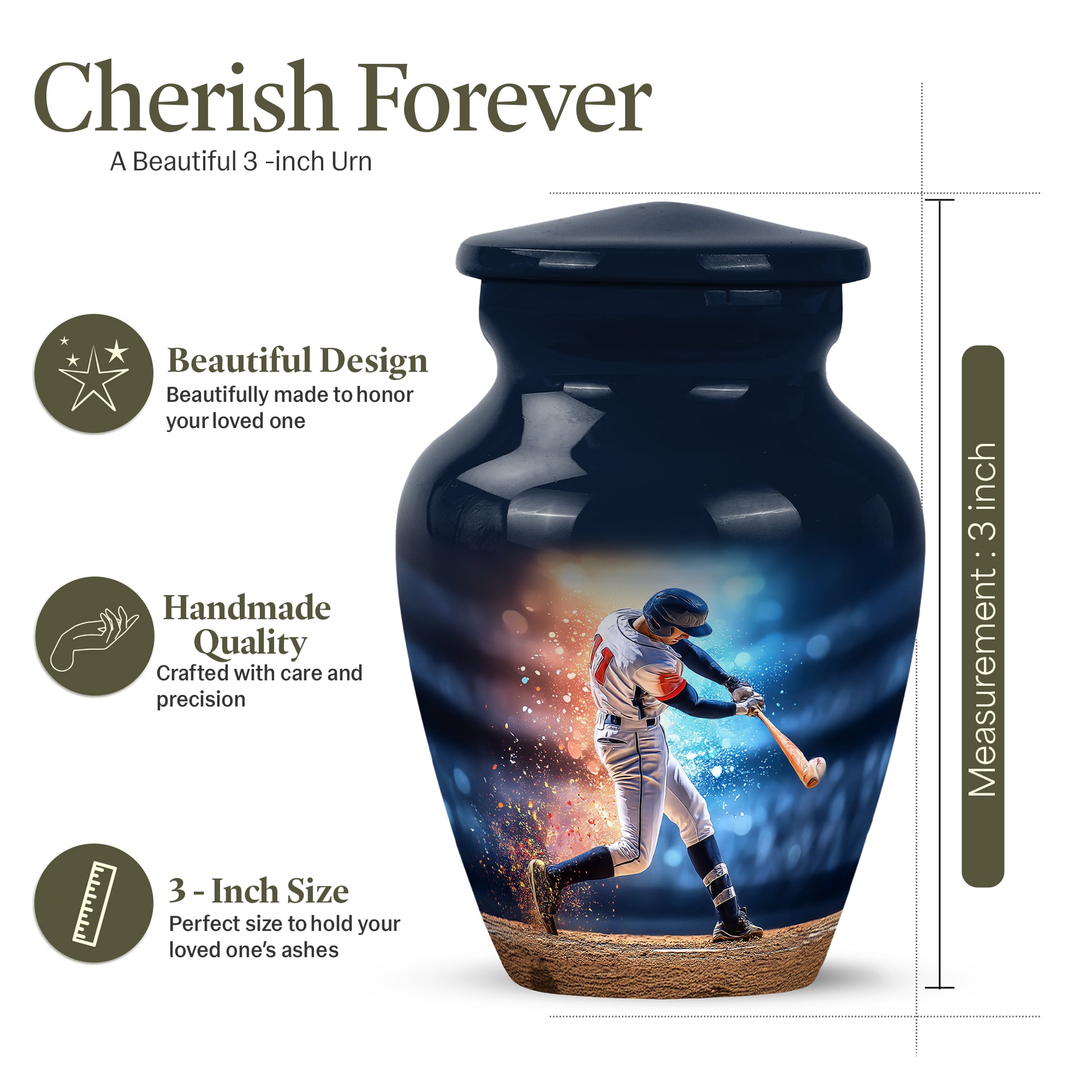 Serene Blue Baseball Cremation Urn close-up of engraving and surface detail - traditional baseball engraving with hand-polished finish - mini keepsake memorial for portion of cremation ashes
