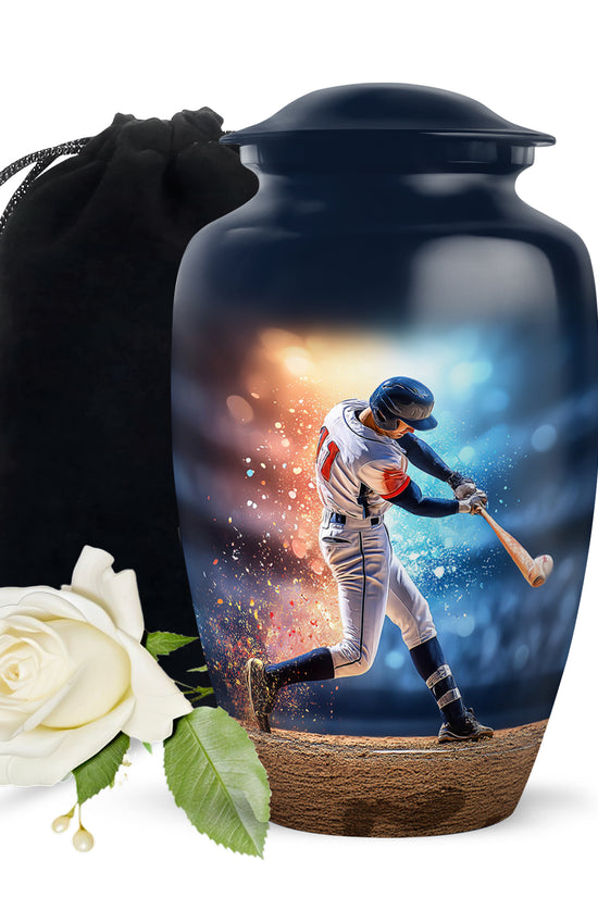 Cornflower Blue Baseball Cremation Urn angled view of lid and engraved motif - traditional baseball engraving with hand-polished finish - full-size 10 inch 200 cubic inch adult cremation urn