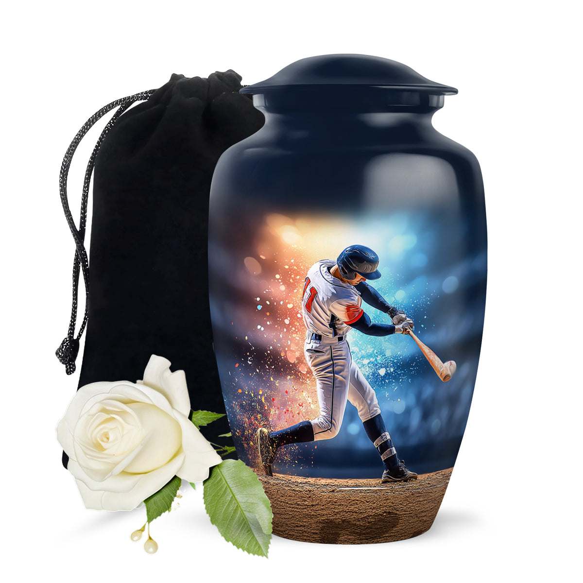 Cornflower Blue Baseball Cremation Urn angled view of lid and engraved motif - traditional baseball engraving with hand-polished finish - full-size 10 inch 200 cubic inch adult cremation urn