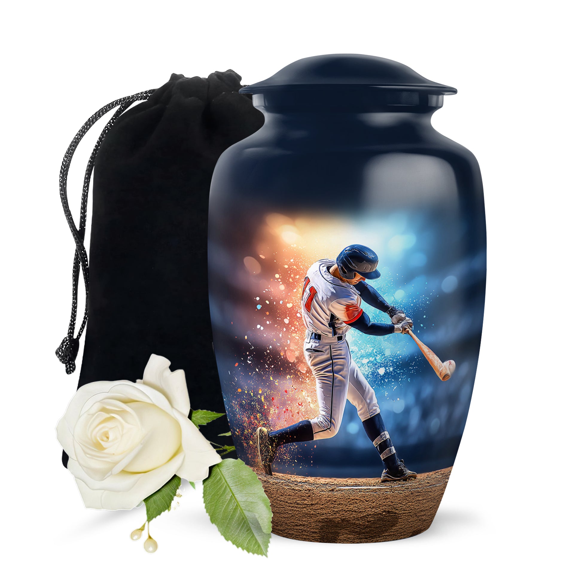 Cornflower Blue Baseball Cremation Urn angled view of lid and engraved motif - traditional baseball engraving with hand-polished finish - full-size 10 inch 200 cubic inch adult cremation urn