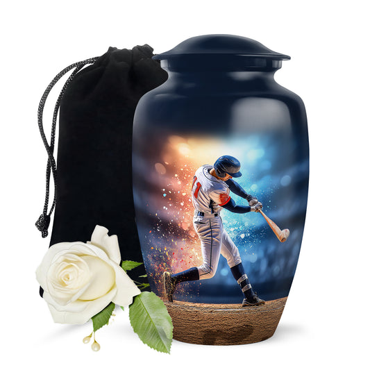 Cornflower Blue Baseball Cremation Urn angled view of lid and engraved motif - traditional baseball engraving with hand-polished finish - full-size 10 inch 200 cubic inch adult cremation urn