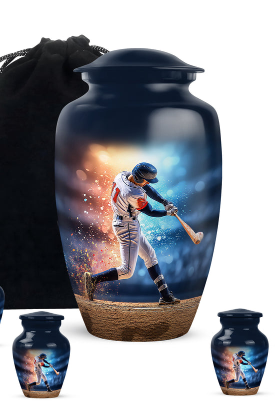 Vivid Blue Baseball Cremation Urn top-down view of secure threaded lid - traditional baseball engraving with hand-polished finish - memorial set with one large and four small urns