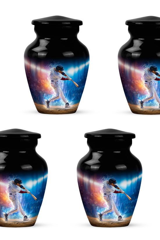 Glossy Black Baseball Cremation Urn side profile showing urn shape - timeless baseball motif etched into premium metal - 10 inch aluminum urn for cremated remains